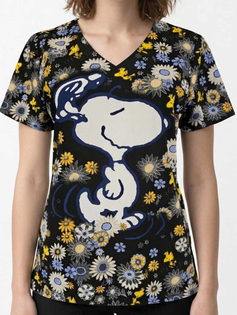 Peanuts Short Sleeve V-Neck Snoopy And Woodstock Medical Scrub Top Size S